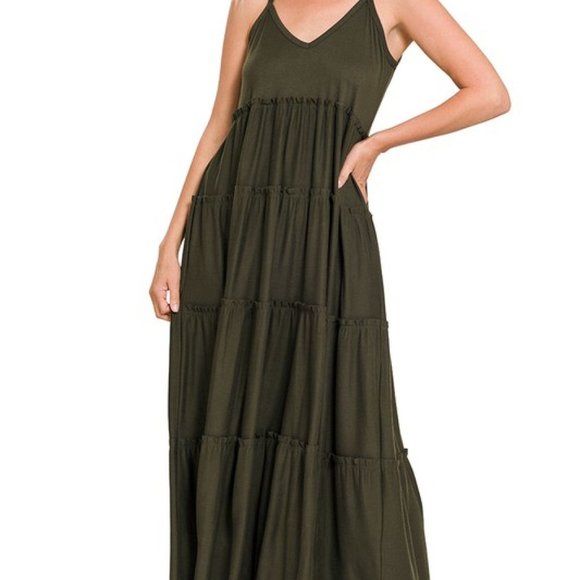 Zenana V-Neck Cami Maxi Tiered Dress with Side Pockets in Dark Olive - Picture 3 of 11